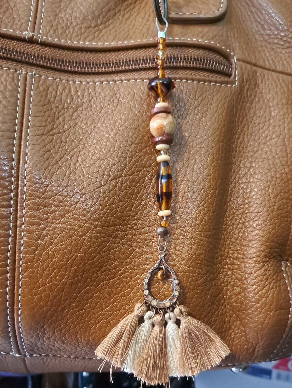 Hand Crafted Tan & Brown shades Women’s Tassel Accent Shoulder Bag Jewelry Charm
